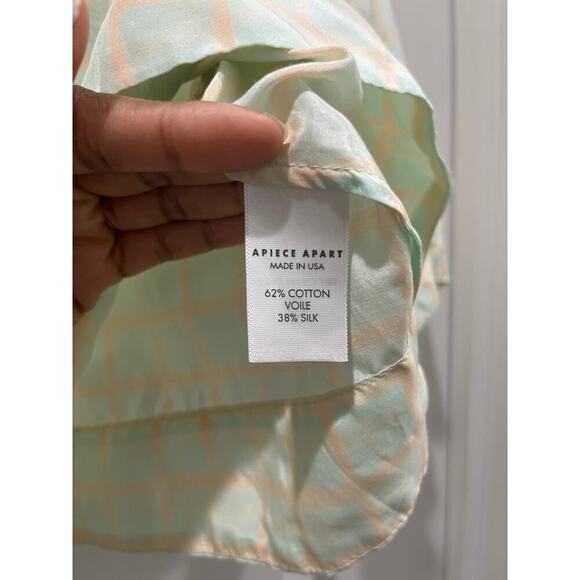 Apiece Apart Roberta Crop Top Short Sleeve Mint Green Grid Blouse Sz 4 - Picture 4 of 8